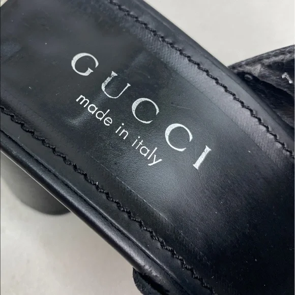 Gucci Black Leather Double Strap Block Heel Slides Sandals women’s size 7.5 - Picture 9 of 12